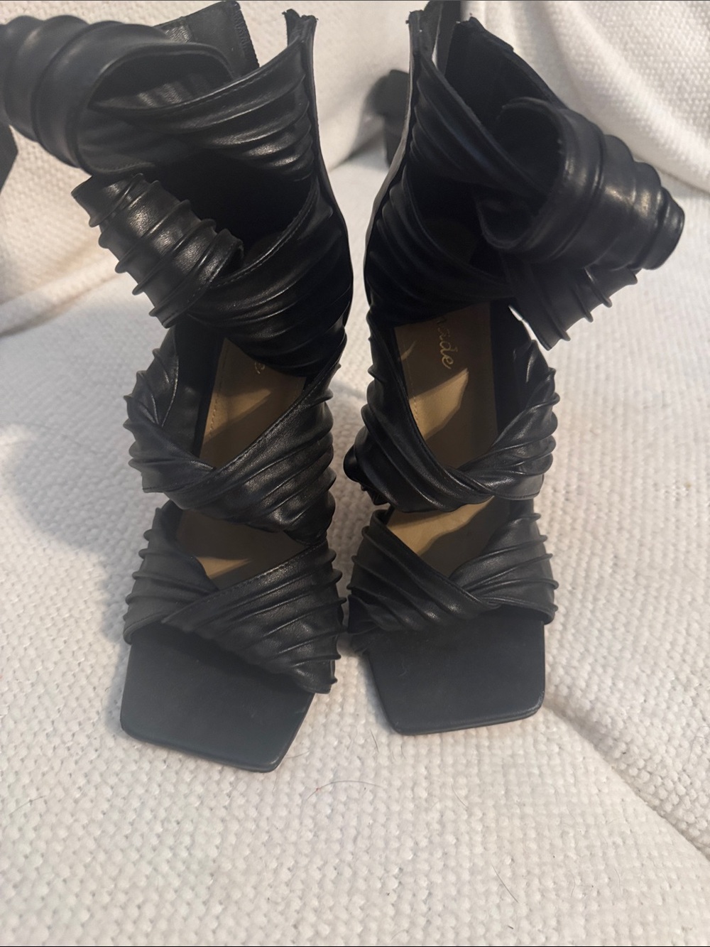 Ruched Black High Heel Wrap Sandals - Women